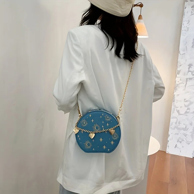 Mini Embroidered Round Bag, Chain Heart Decor Crossbody Bag, Star Moon Pattern Circle Purse Valentine's Day gift