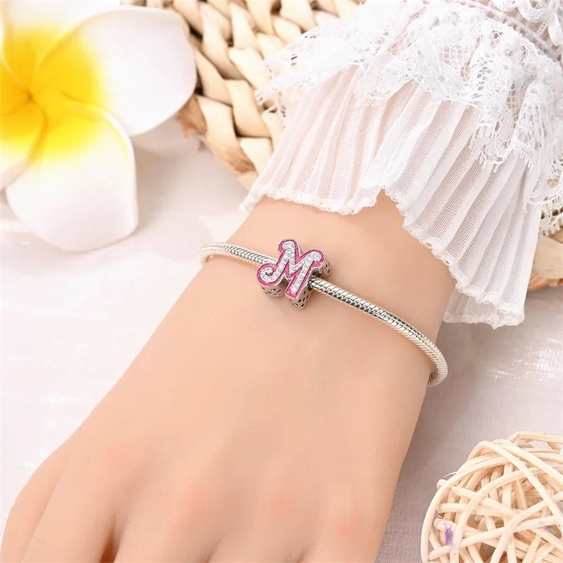 Hot Sale 925 Sterling Silver Pink 26 Letters Valentine's Day Gift Beads Suitable For Pan 925 Original Bracelet Diy Birthday