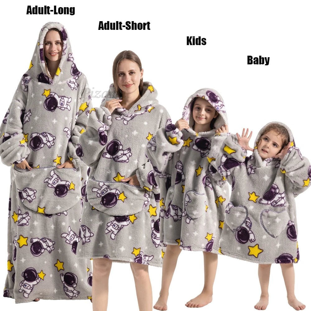 Oversize Winter Sherpa Blanket Plush Polar Fleece Family Matching Hoodie Girl Sweatshirt Homewear Avocado Animal Print Outwear