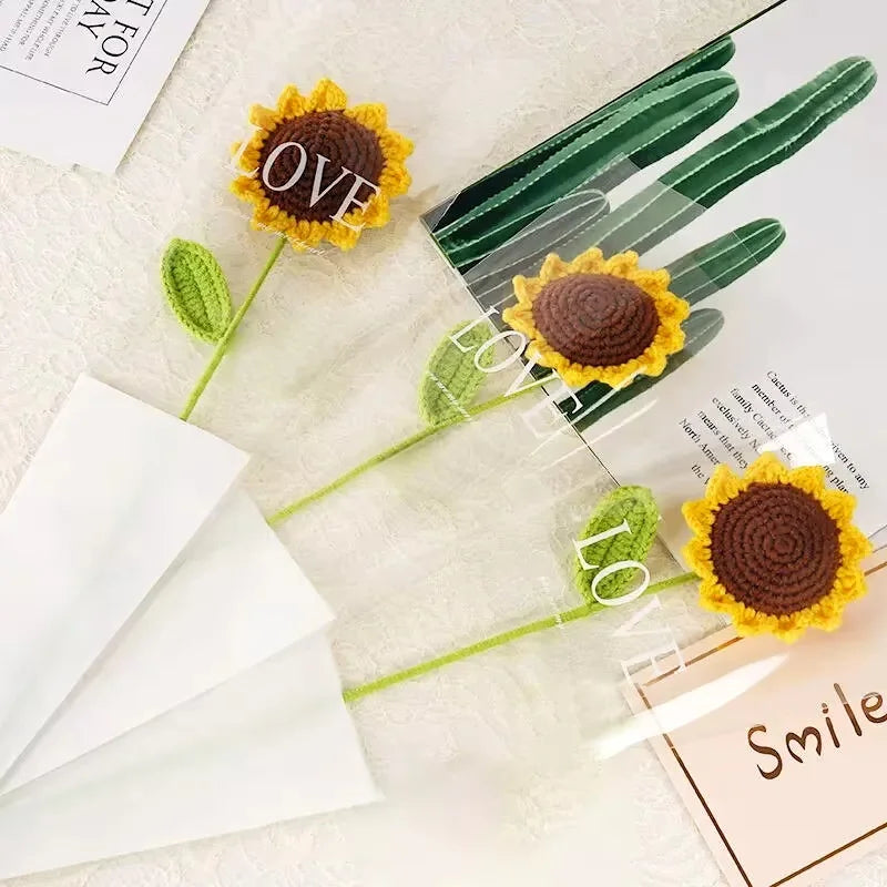 3Pcs Sunflower Hand Woven Bouquet Creative Wool Knitting Flower Sunflower Decorations Teachers Day Mother S Day Birthday Gift