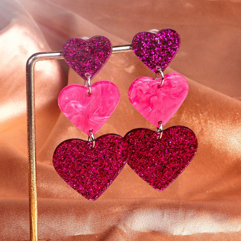 New Glitter Love Heart Acrylic Splicing Earrings Women Sweet Statement Peach Drop Earring Romantic Jewelry Valentine's Day Gifts