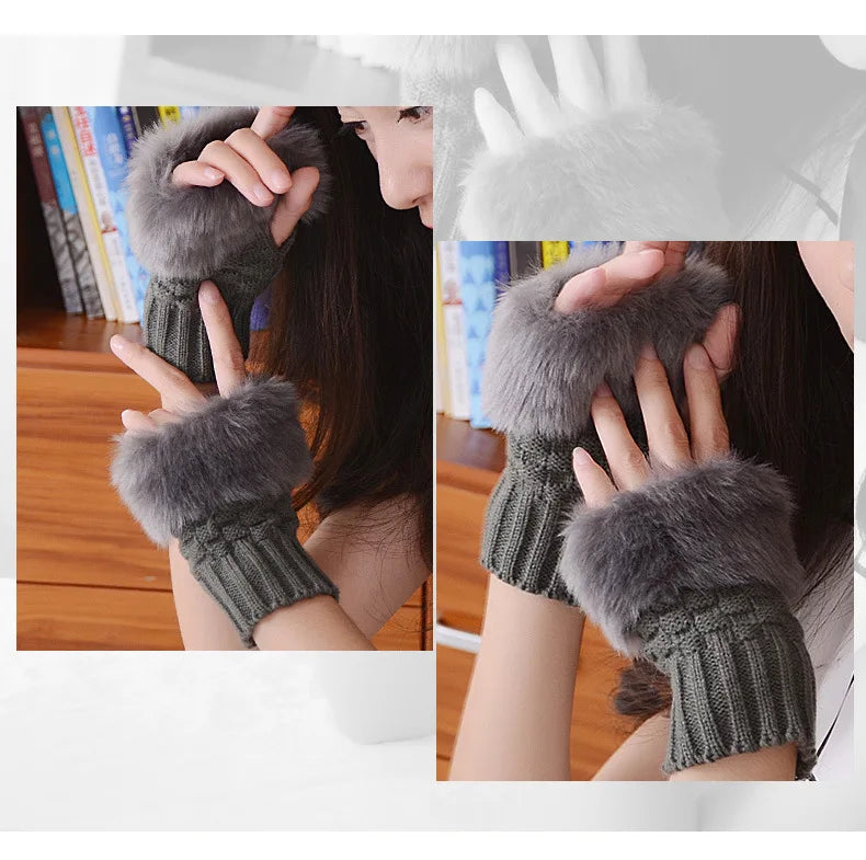 Women Autumn Winter Keep Warm Plush Knitted Woolen Splicing Half Finger Gloves Cute Lovely Sweety Smooth Soft Writing Drive
