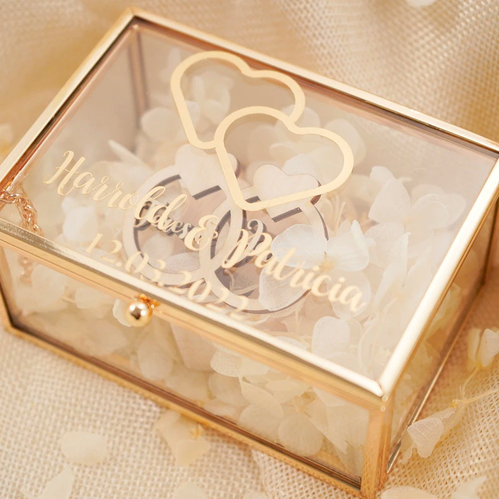 Personalized Rectangle Glass Jewelry Box, Wedding Ring Box, Double Slot, Valentine's Day, Proposal, Engagement, Gift