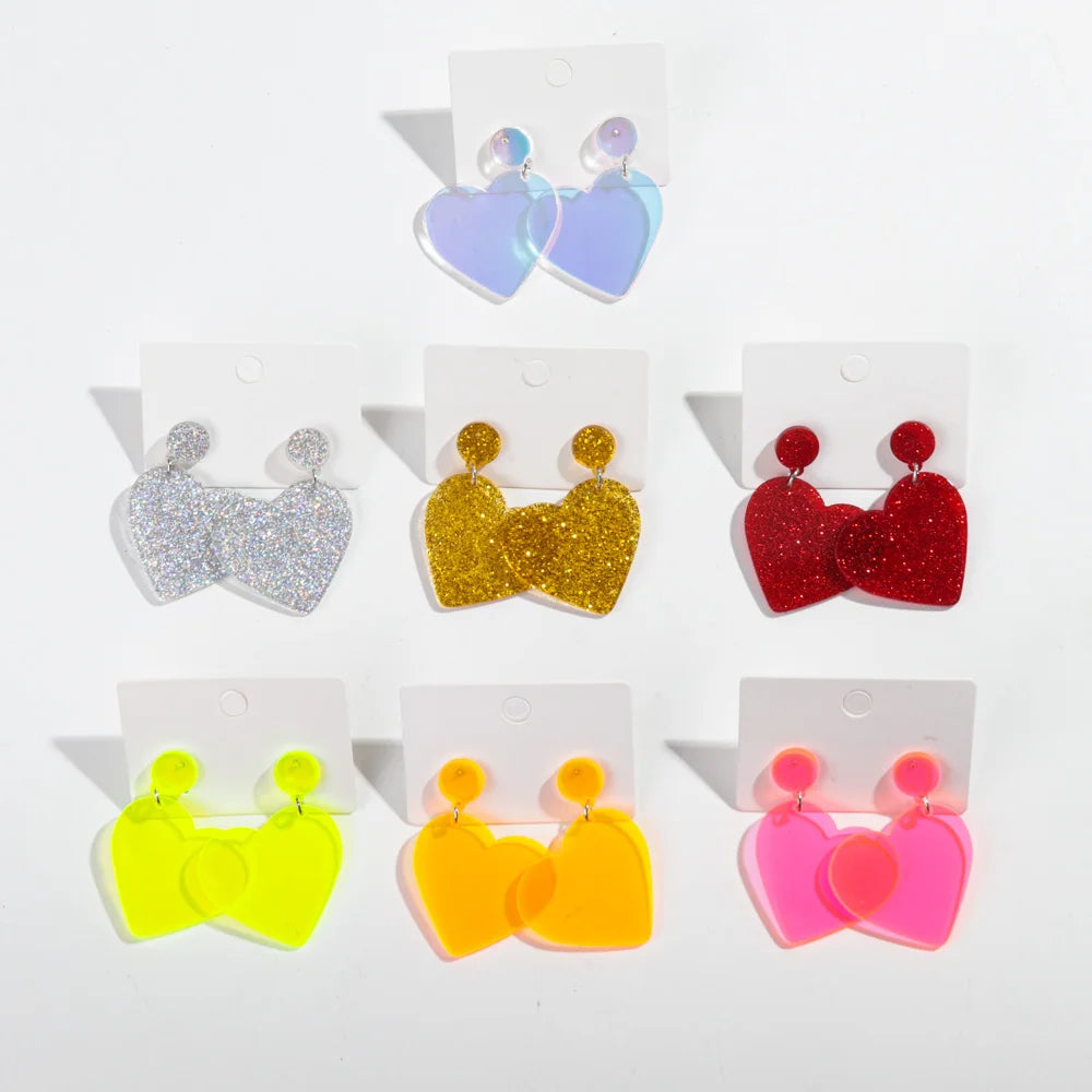 New Glitter Love Heart Acrylic Splicing Earrings Women Sweet Statement Peach Drop Earring Romantic Jewelry Valentine's Day Gifts