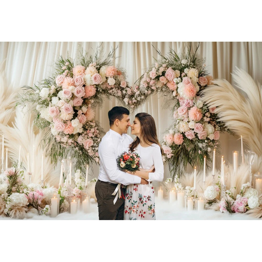 Valentine's Day Photography Backdrop Flowers Love Heart Boho Pampas Curtain Couple Portrait Wedding Photo Background Photostudio