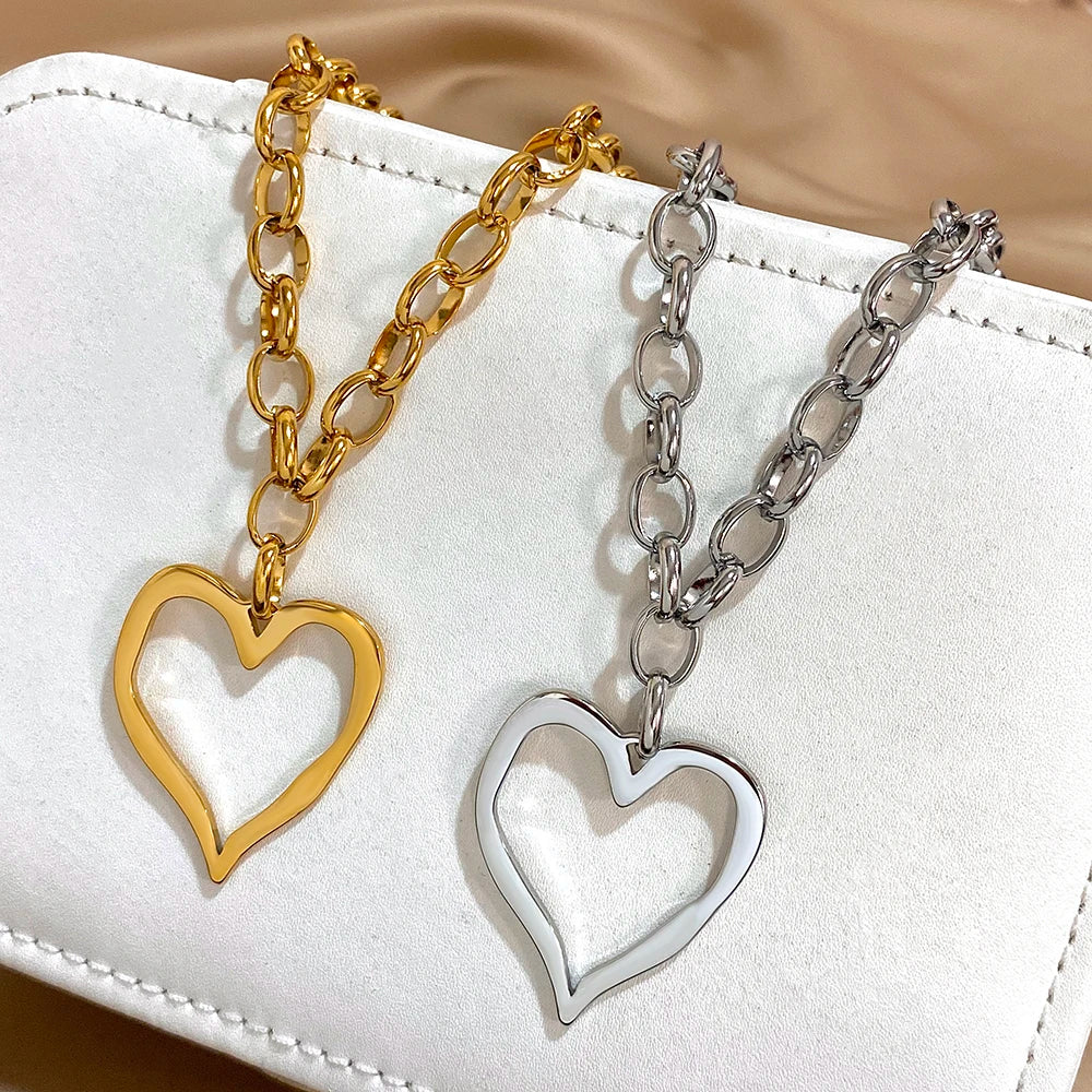 316L Stainless Steel Gold Silver Color Necklace for Women Glossy Punk Big Hollow Heart Pendant Necklaces Valentine's Day Gifts