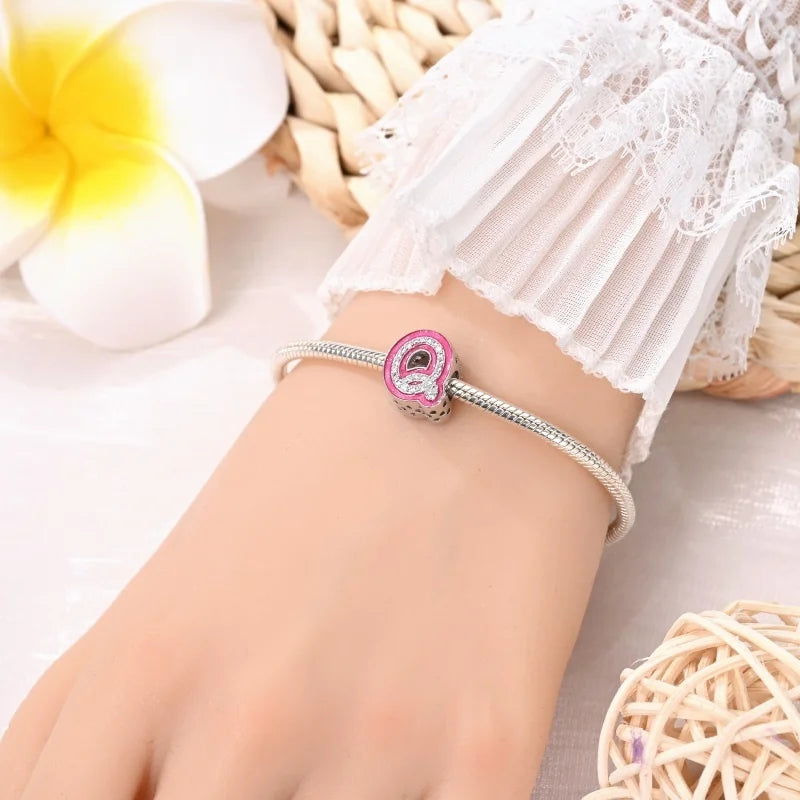 Hot Sale 925 Sterling Silver Pink 26 Letters Valentine's Day Gift Beads Suitable For Pan 925 Original Bracelet Diy Birthday