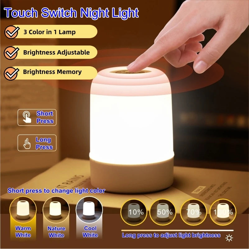 3 Color Led Night Light Touch Switch Dimmable Table Lamp Baby Nursery Feeding Bedside Lamp USB 5V Portable Room Decor Light