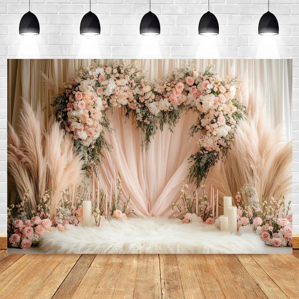 Valentine's Day Photography Backdrop Flowers Love Heart Boho Pampas Curtain Couple Portrait Wedding Photo Background Photostudio