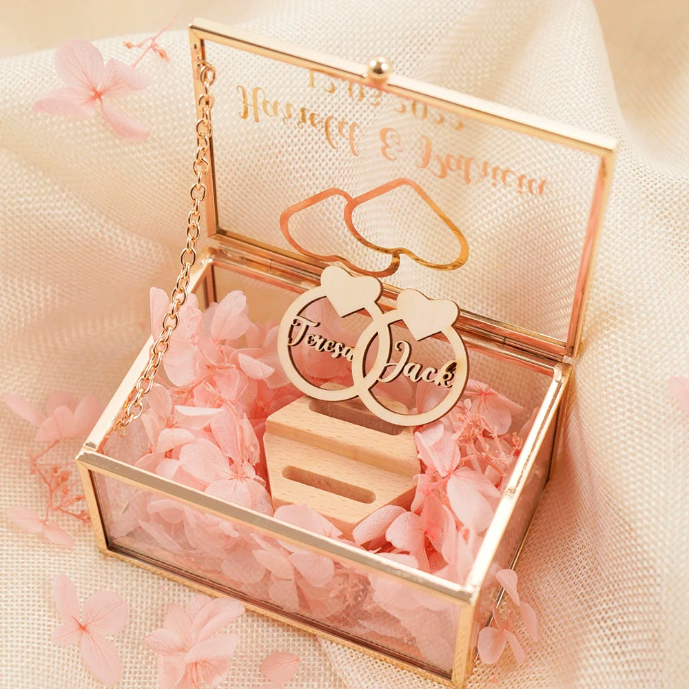 Personalized Rectangle Glass Jewelry Box, Wedding Ring Box, Double Slot, Valentine's Day, Proposal, Engagement, Gift