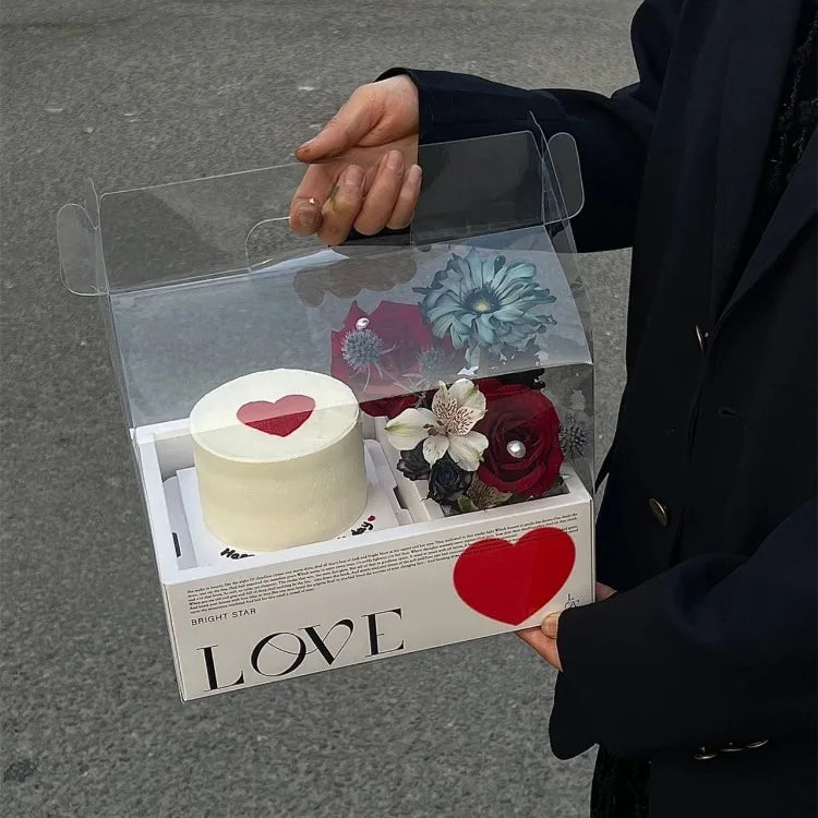 Valentine's Day Flower Cake Gift Box Pink PVC Transparent Hand-held Integrated Cake Box Baking Packaging Gift Fruit Flower Boxes