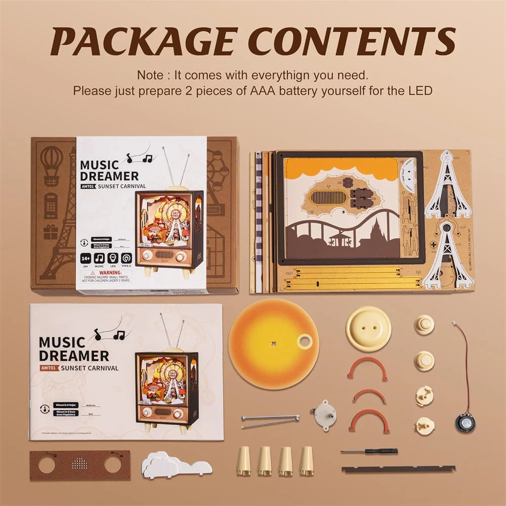 Robotime Rolife Music Box Sunset Carnival with Light 3D Wooden Puzzle  Kits Toys for Children Kids Birthday Gifts AMT01