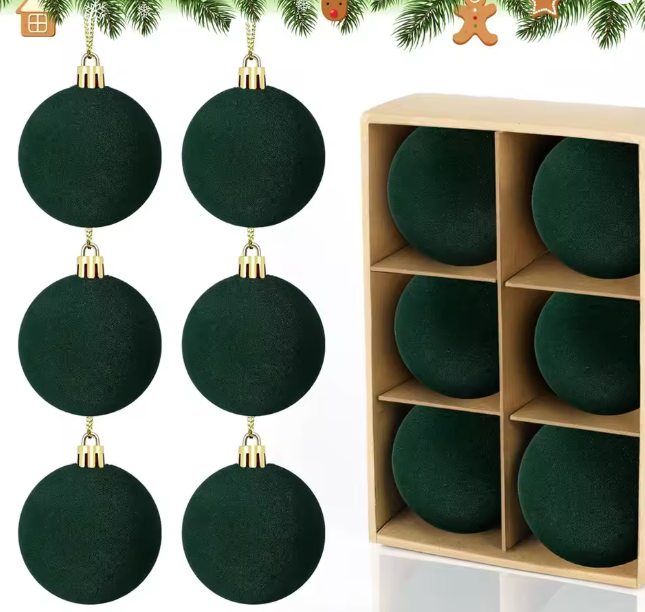 6pcs 5cm Velvet Christmas Tree Ornaments Plush Flocked Hanging Balls for Holiday Decor, Christmas Decoration Xmas Clearance