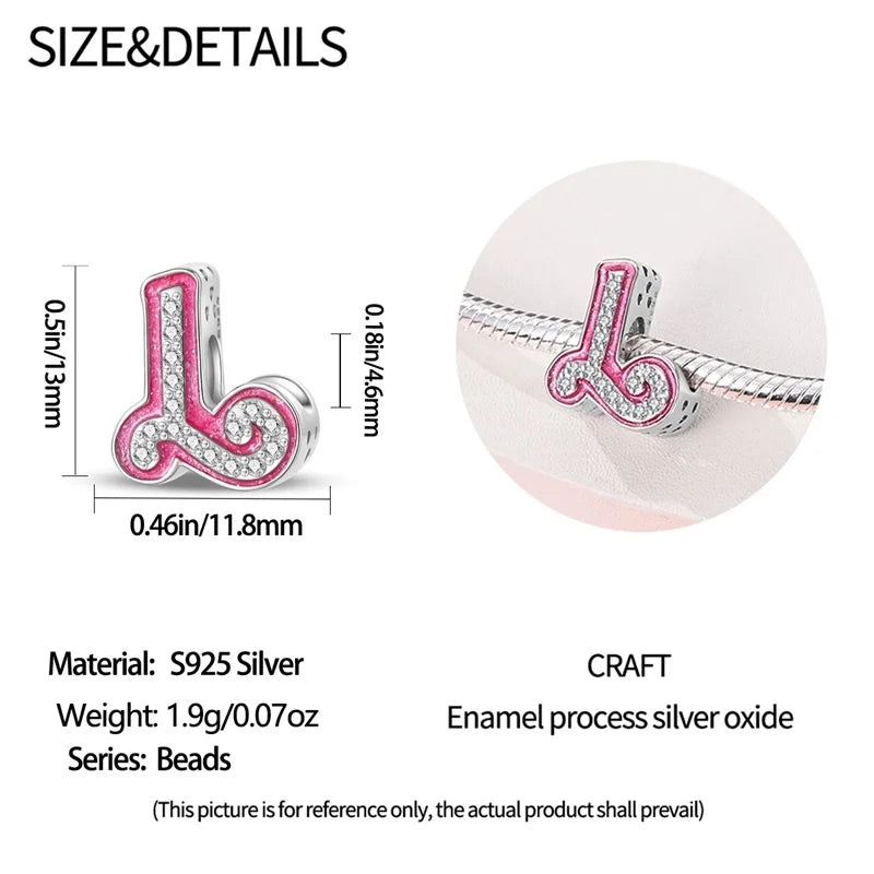 Hot Sale 925 Sterling Silver Pink 26 Letters Valentine's Day Gift Beads Suitable For Pan 925 Original Bracelet Diy Birthday