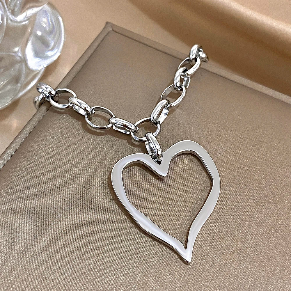 316L Stainless Steel Gold Silver Color Necklace for Women Glossy Punk Big Hollow Heart Pendant Necklaces Valentine's Day Gifts