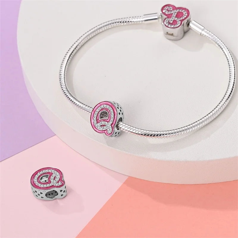 Hot Sale 925 Sterling Silver Pink 26 Letters Valentine's Day Gift Beads Suitable For Pan 925 Original Bracelet Diy Birthday
