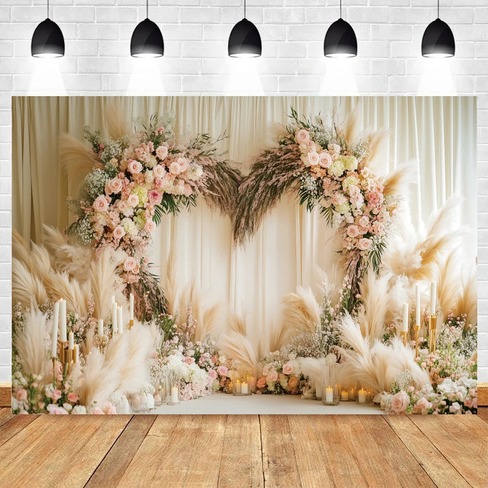 Valentine's Day Photography Backdrop Flowers Love Heart Boho Pampas Curtain Couple Portrait Wedding Photo Background Photostudio