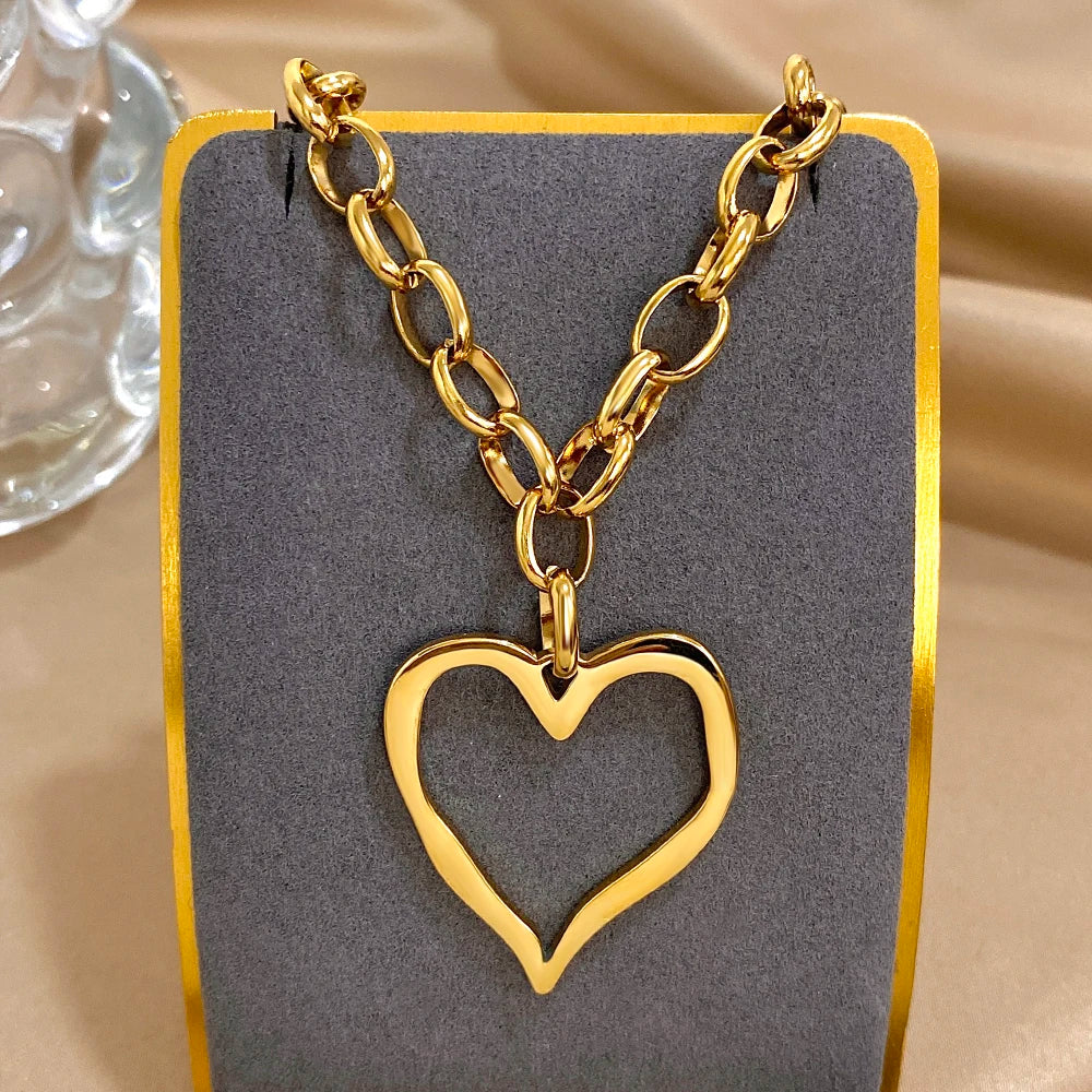 316L Stainless Steel Gold Silver Color Necklace for Women Glossy Punk Big Hollow Heart Pendant Necklaces Valentine's Day Gifts