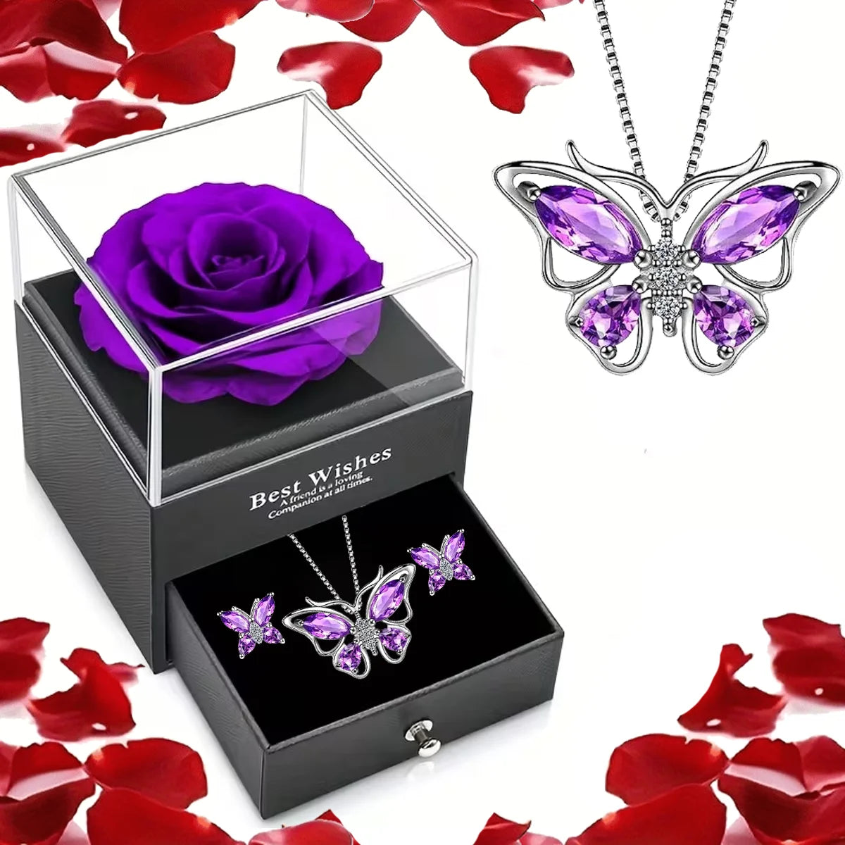 Red Rose Flower Gift Box with Heart-Shaped Lucky Stone Pendant Necklace,for Mom, Wife - Mother's Day, Valentine's Day, Birthday