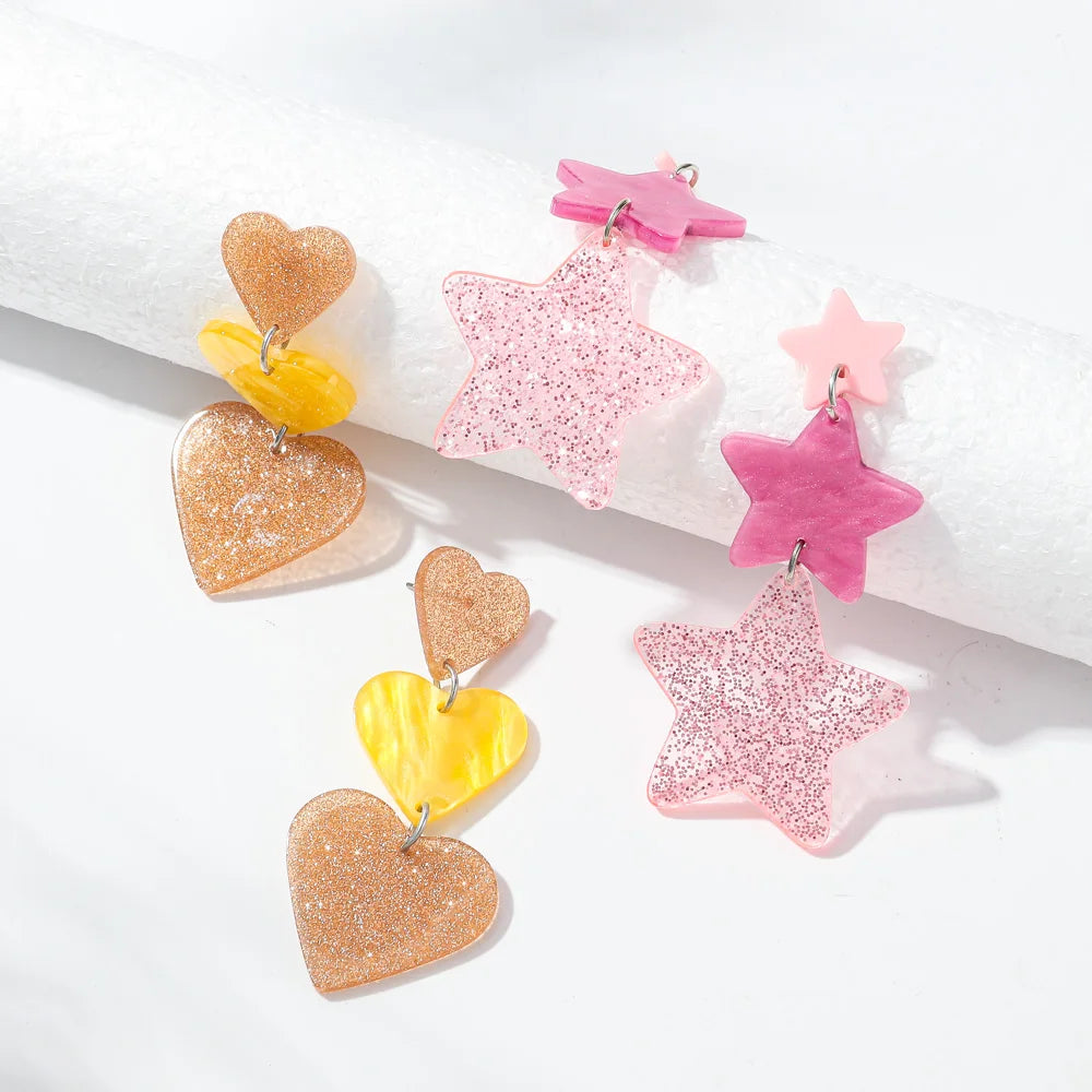 New Glitter Love Heart Acrylic Splicing Earrings Women Sweet Statement Peach Drop Earring Romantic Jewelry Valentine's Day Gifts