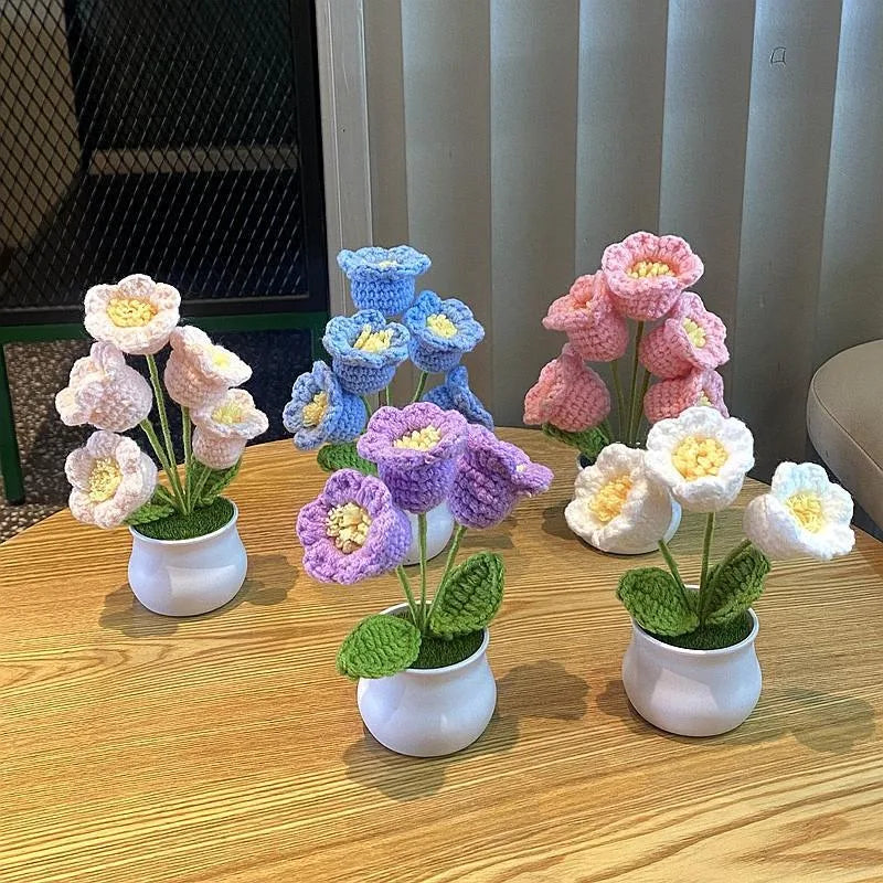 1/2/4Pcs DIY Handwoven Mini Potted Flower Rose Office Desktop Ornamental Potted Plants Woolen Thread Finished Product Home Decor