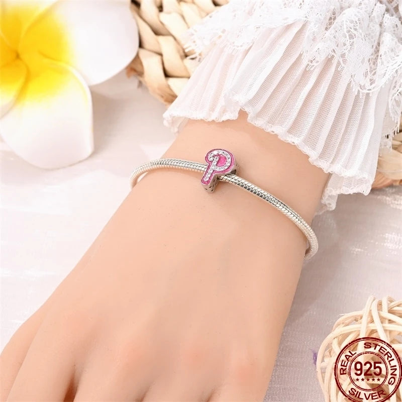 Hot Sale 925 Sterling Silver Pink 26 Letters Valentine's Day Gift Beads Suitable For Pan 925 Original Bracelet Diy Birthday