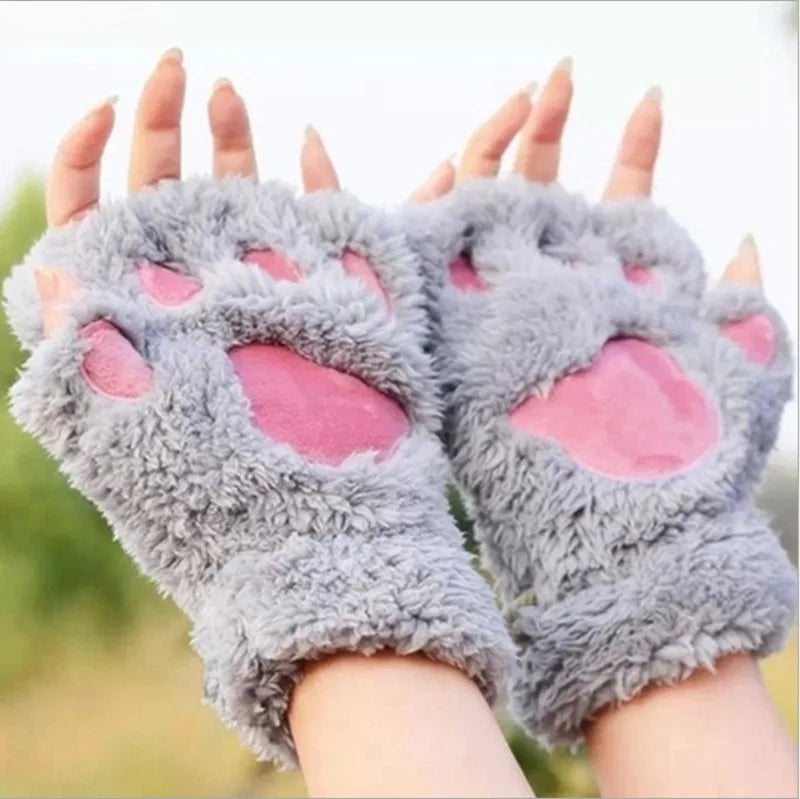 Rimiut Cartoon Cat Claw Gloves for Women Girls Thickened Plush Lovely Style Bear Paw Exposed Fingers Half Finger Winter Gloves