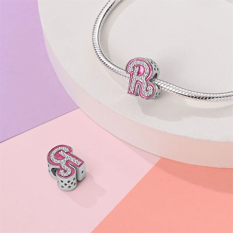 Hot Sale 925 Sterling Silver Pink 26 Letters Valentine's Day Gift Beads Suitable For Pan 925 Original Bracelet Diy Birthday