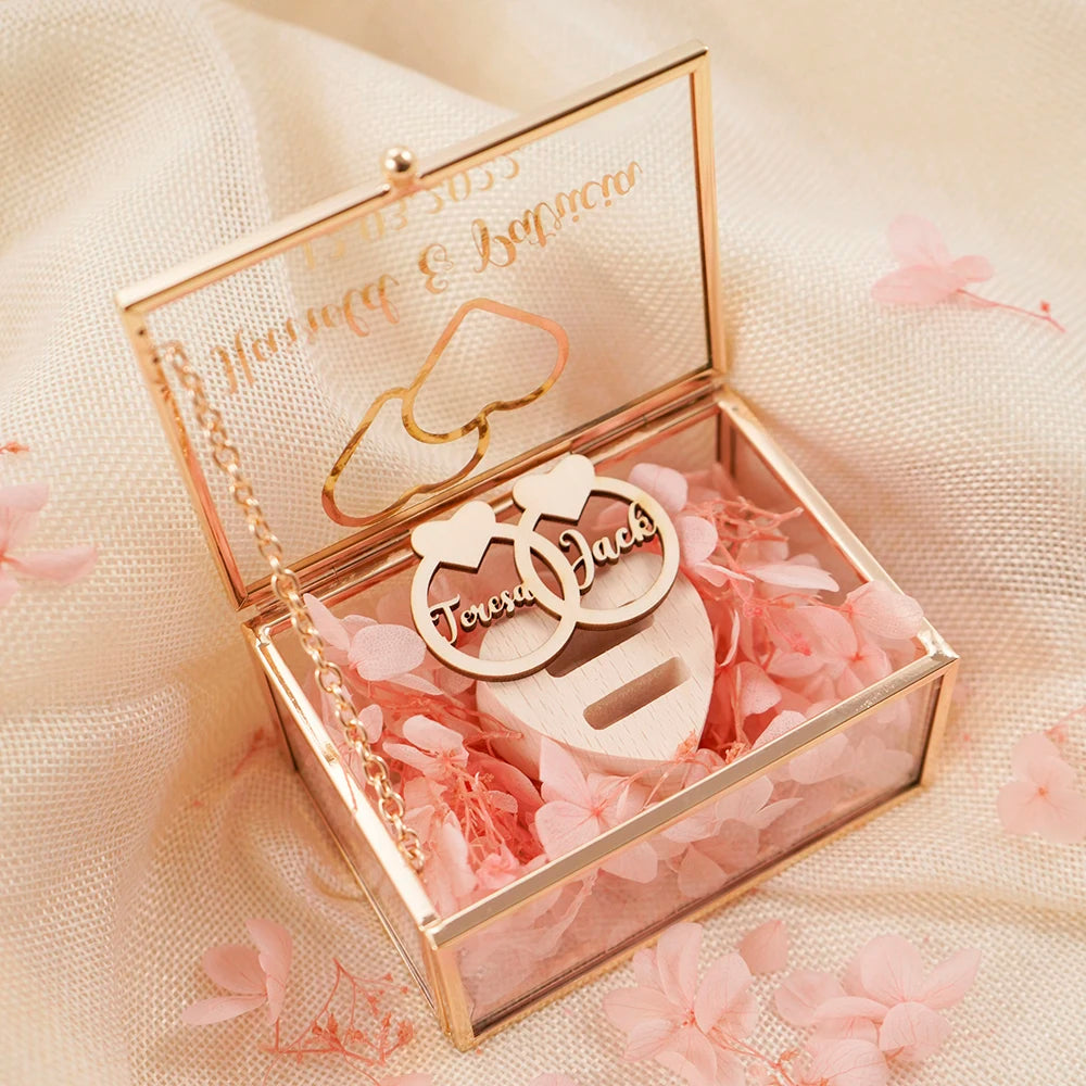 Personalized Rectangle Glass Jewelry Box, Wedding Ring Box, Double Slot, Valentine's Day, Proposal, Engagement, Gift