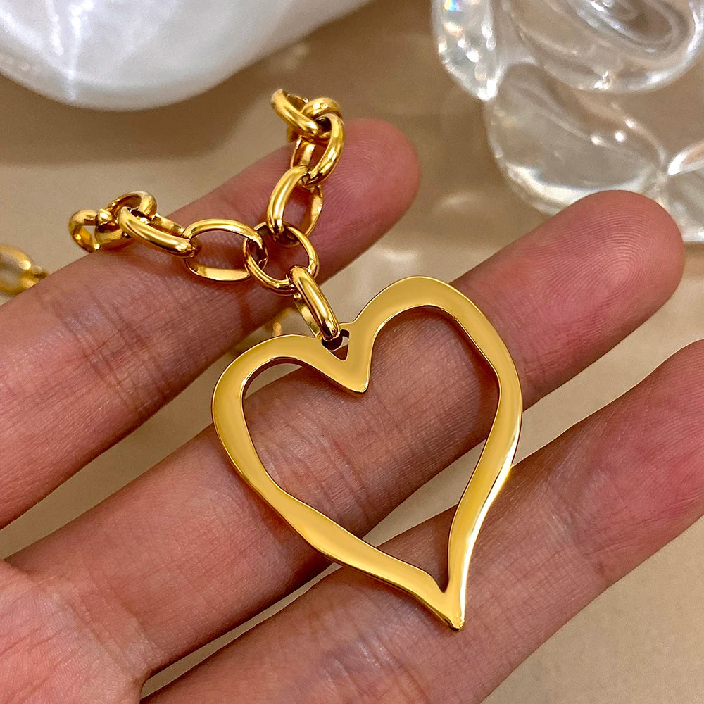 316L Stainless Steel Gold Silver Color Necklace for Women Glossy Punk Big Hollow Heart Pendant Necklaces Valentine's Day Gifts
