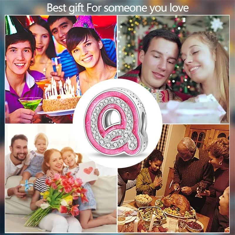 Hot Sale 925 Sterling Silver Pink 26 Letters Valentine's Day Gift Beads Suitable For Pan 925 Original Bracelet Diy Birthday