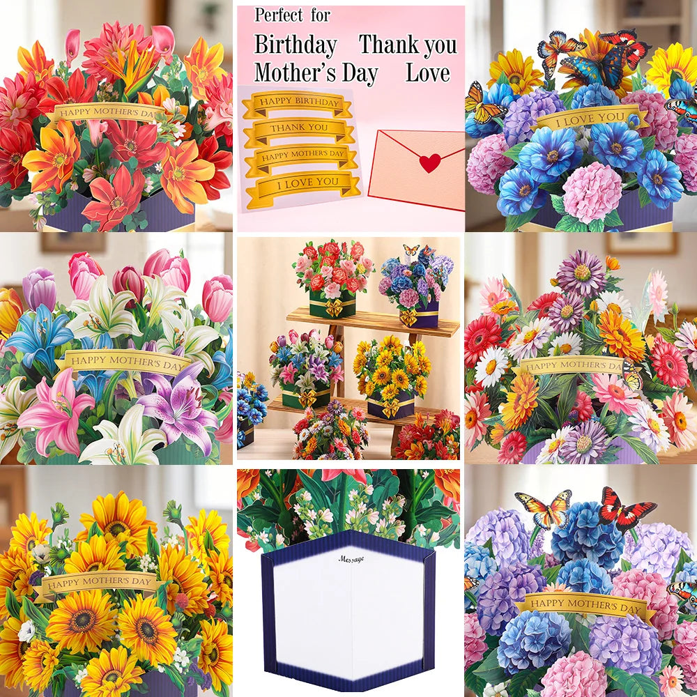 Premium 3D Pop Up Flower Bouquet Card Mothers Day Gift Valentines Day Anniversary Birthday Greeting Cards Thank You Wishes Gifts