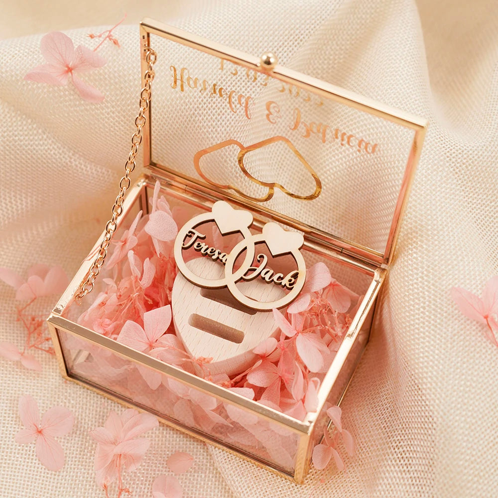 Personalized Rectangle Glass Jewelry Box, Wedding Ring Box, Double Slot, Valentine's Day, Proposal, Engagement, Gift