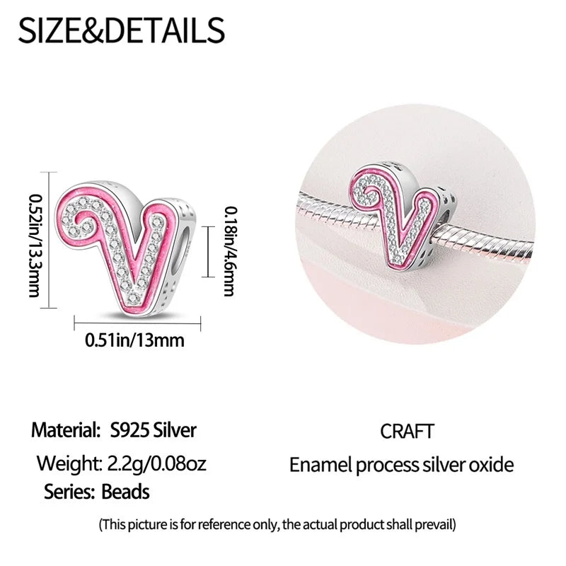 Hot Sale 925 Sterling Silver Pink 26 Letters Valentine's Day Gift Beads Suitable For Pan 925 Original Bracelet Diy Birthday