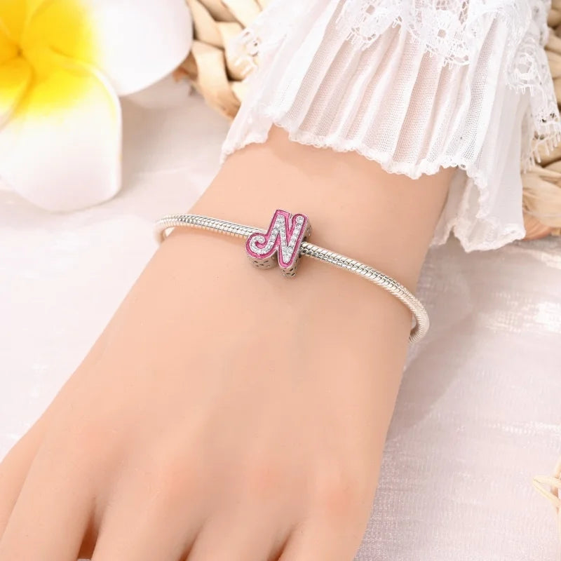 Hot Sale 925 Sterling Silver Pink 26 Letters Valentine's Day Gift Beads Suitable For Pan 925 Original Bracelet Diy Birthday
