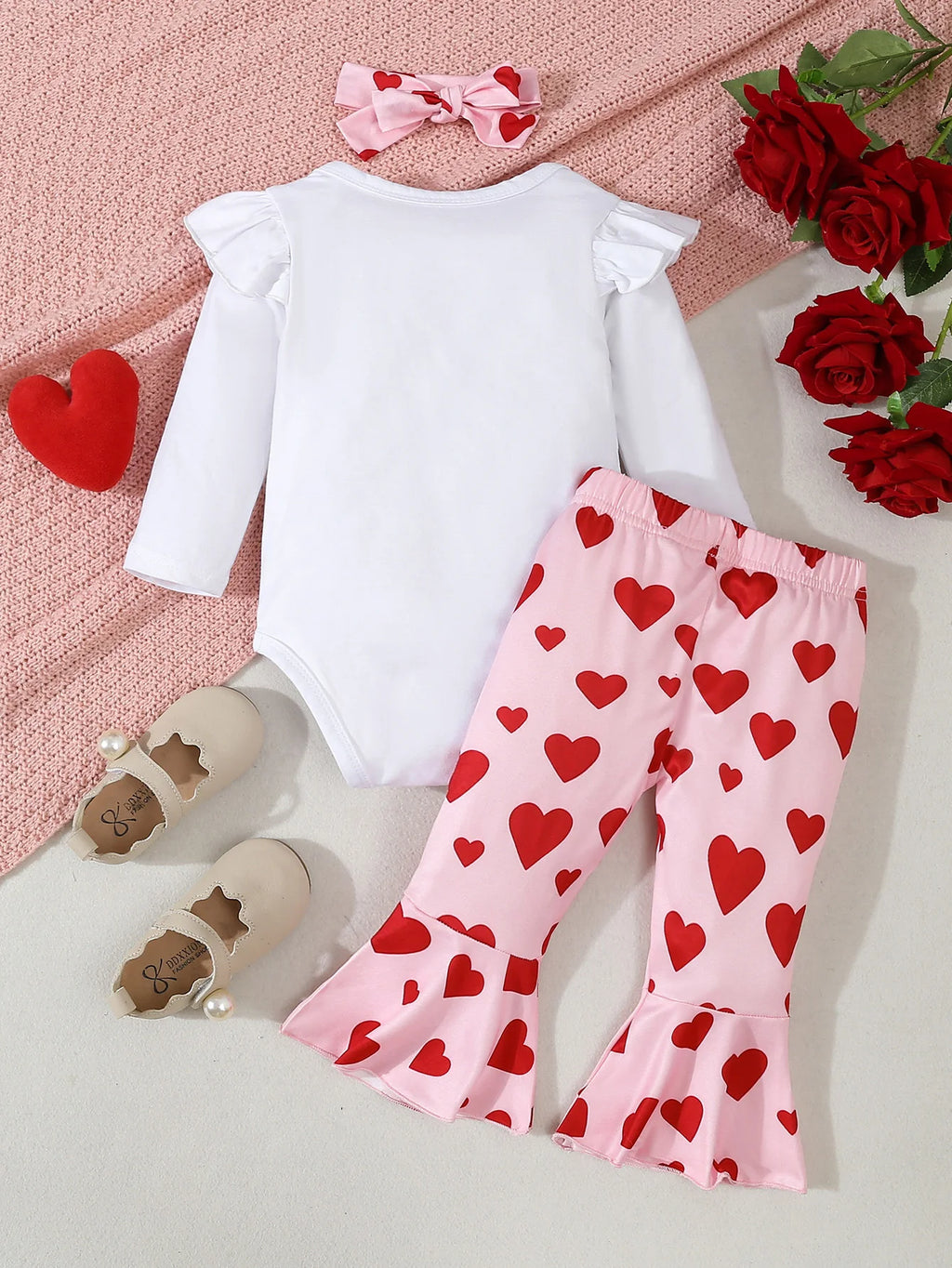 Newborn Baby Girl Clothing Set Letter Print Jumpsuit Heart Bell-bottoms  Headband 3pcs Toddler Baby Girl Clothes Valentine's Day