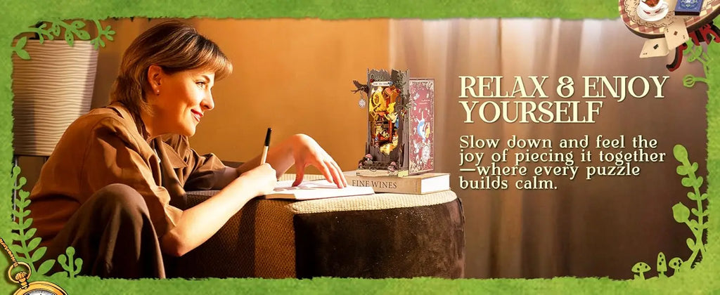 Robotime Rolife Book Nook Kits Fall into Wonder DIY Booknook with Lights Miniature House Kit 3D Wooden Puzzle Bookshelf Gift TGB