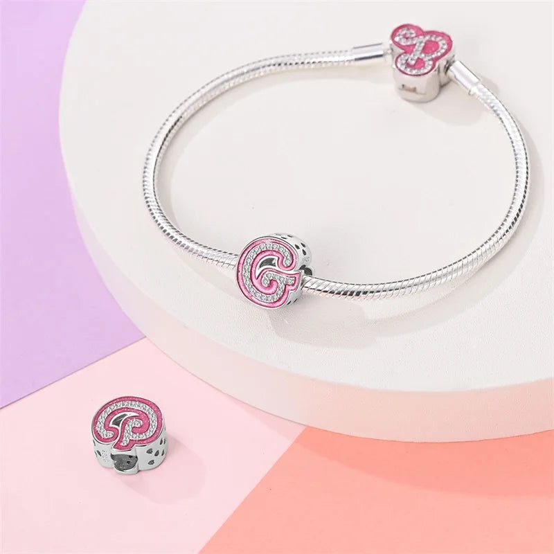 Hot Sale 925 Sterling Silver Pink 26 Letters Valentine's Day Gift Beads Suitable For Pan 925 Original Bracelet Diy Birthday