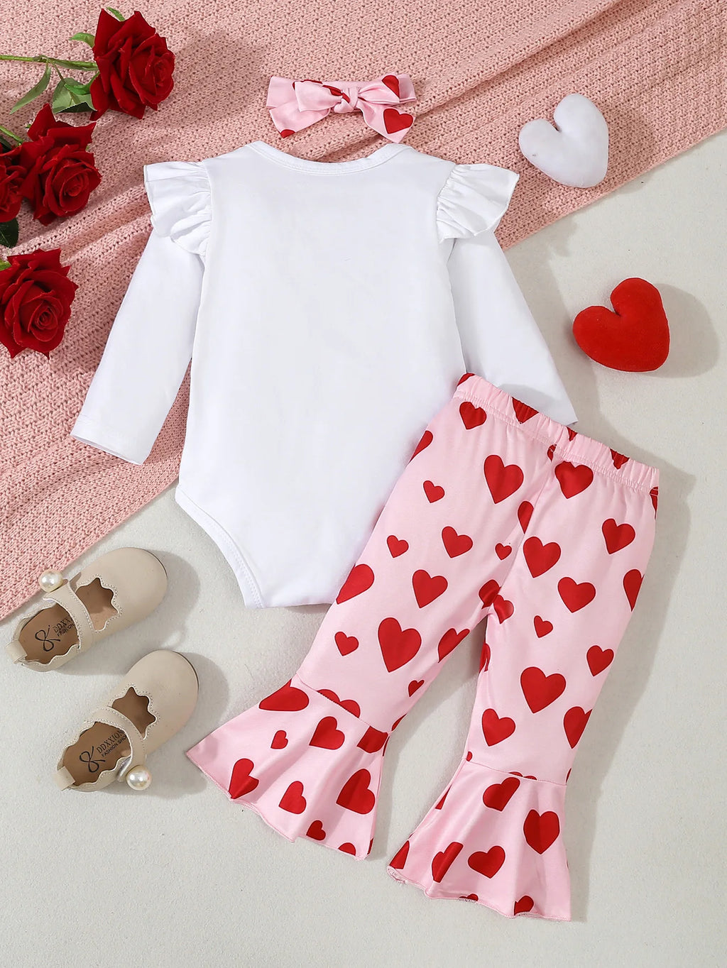 Newborn Baby Girl Clothing Set Letter Print Jumpsuit Heart Bell-bottoms  Headband 3pcs Toddler Baby Girl Clothes Valentine's Day