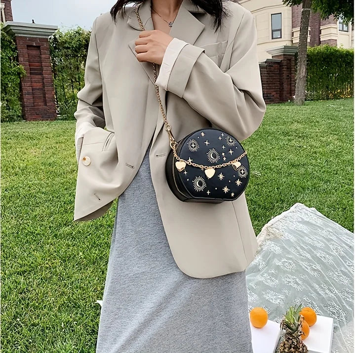Mini Embroidered Round Bag, Chain Heart Decor Crossbody Bag, Star Moon Pattern Circle Purse Valentine's Day gift
