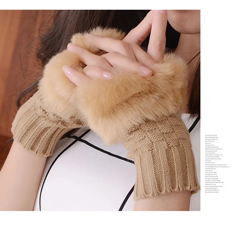 Women Autumn Winter Keep Warm Plush Knitted Woolen Splicing Half Finger Gloves Cute Lovely Sweety Smooth Soft Writing Drive