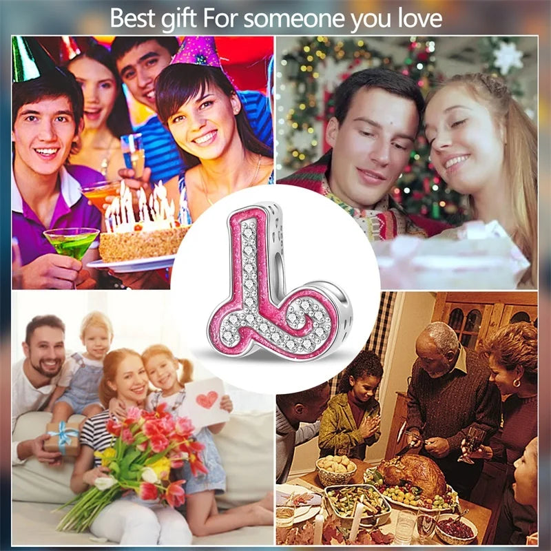 Hot Sale 925 Sterling Silver Pink 26 Letters Valentine's Day Gift Beads Suitable For Pan 925 Original Bracelet Diy Birthday