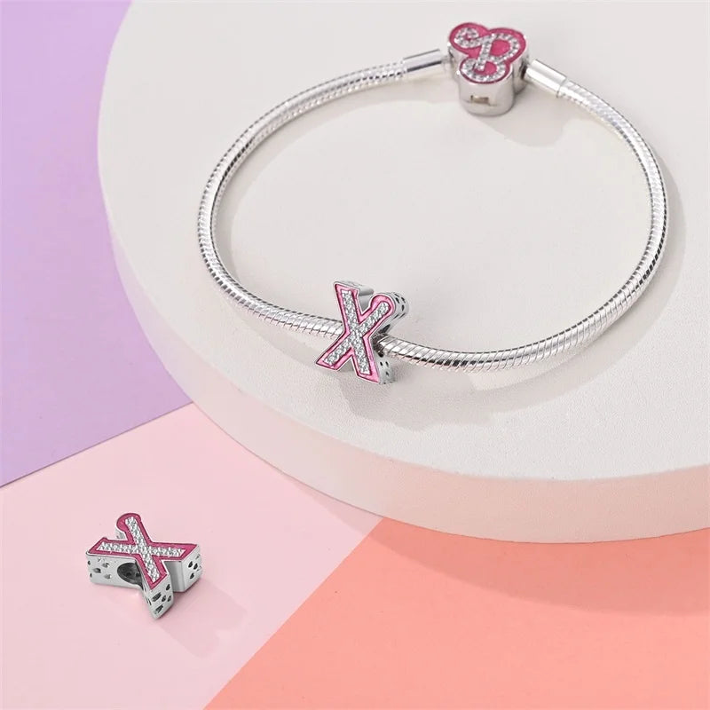 Hot Sale 925 Sterling Silver Pink 26 Letters Valentine's Day Gift Beads Suitable For Pan 925 Original Bracelet Diy Birthday
