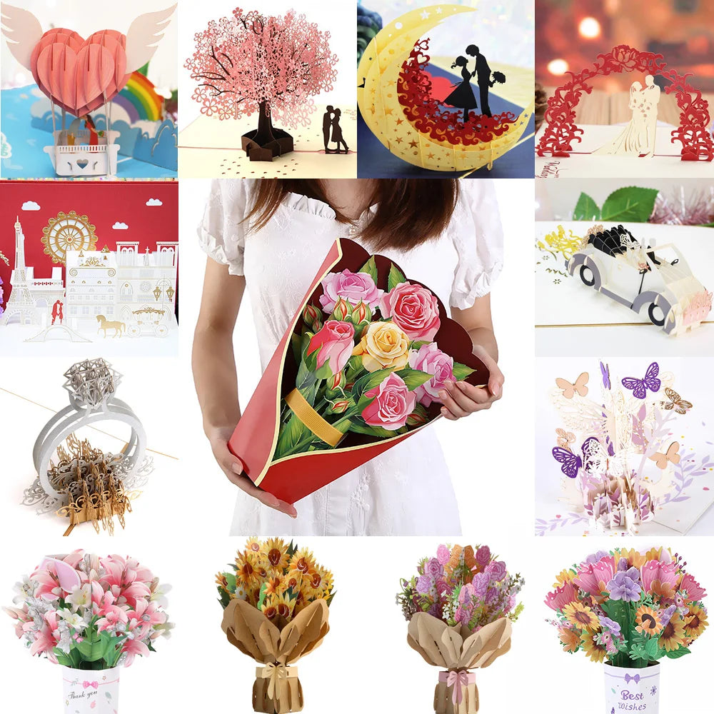 Premium 3D Pop Up Flower Bouquet Card Mothers Day Gift Valentines Day Anniversary Birthday Greeting Cards Thank You Wishes Gifts