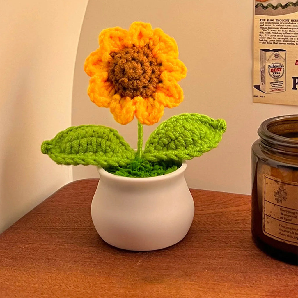 Handmade Crochet Sunflower Bouquet Car Interior Decor Knitting Potted Flower Creative Craft Birthday Gift for Women Kids
