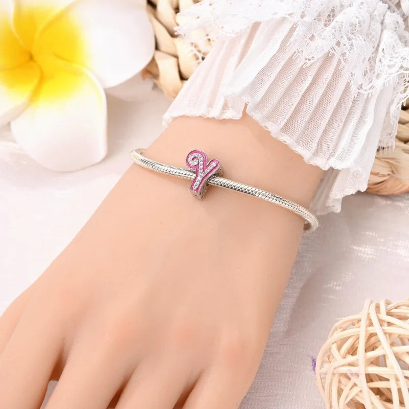 Hot Sale 925 Sterling Silver Pink 26 Letters Valentine's Day Gift Beads Suitable For Pan 925 Original Bracelet Diy Birthday