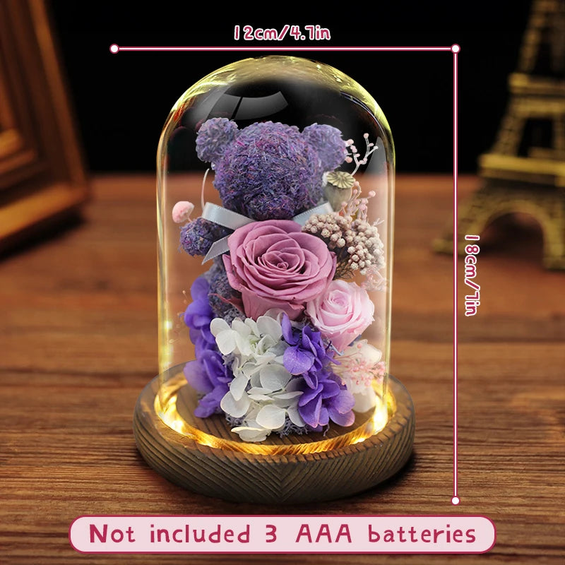 Valentine's Day Gift for Girlfriend Eternal Preserved Rose Flower Gift Box Teddy Bear Eternal Flower with Lights Gift for Women