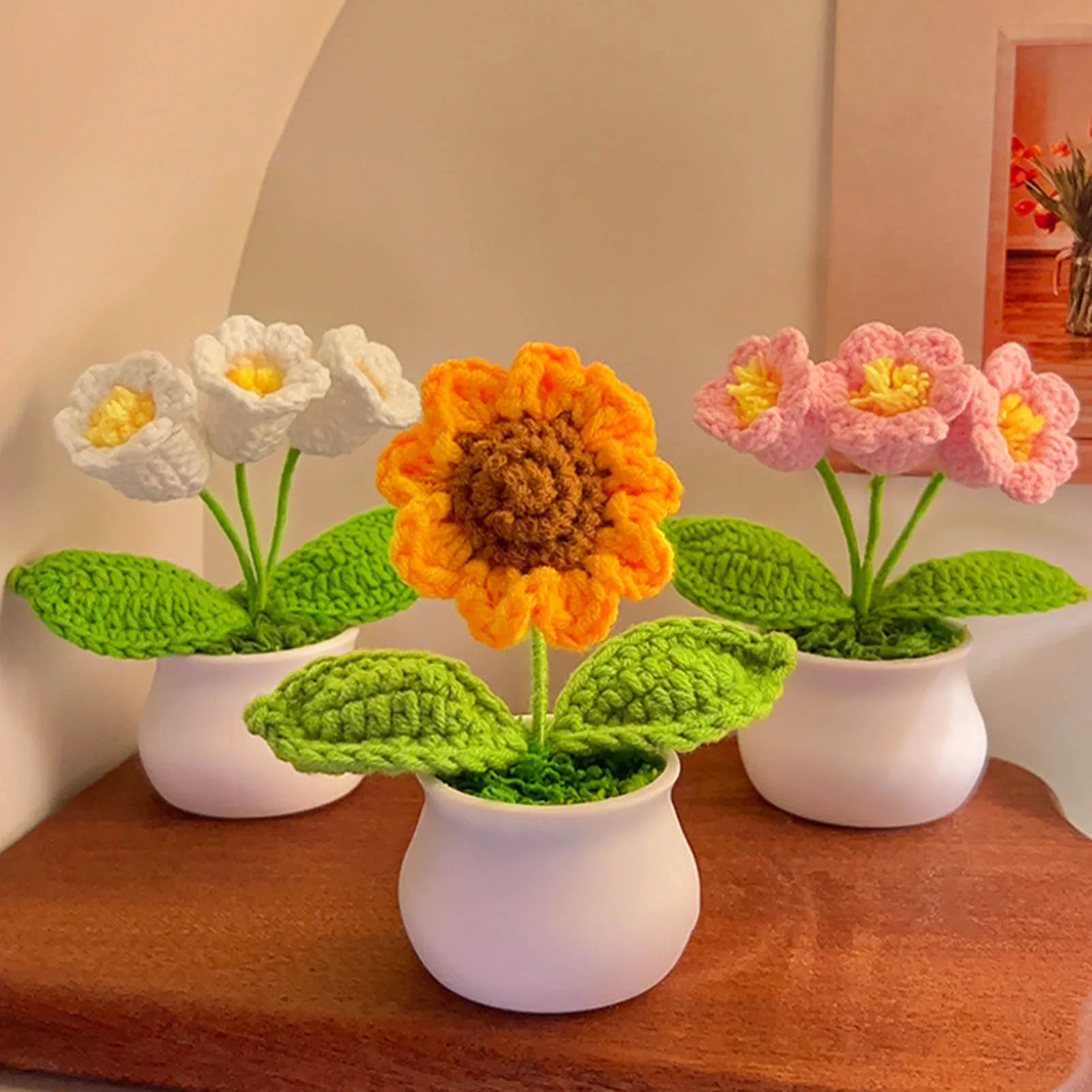 Handmade Crochet Sunflower Bouquet Car Interior Decor Knitting Potted Flower Creative Craft Birthday Gift for Women Kids
