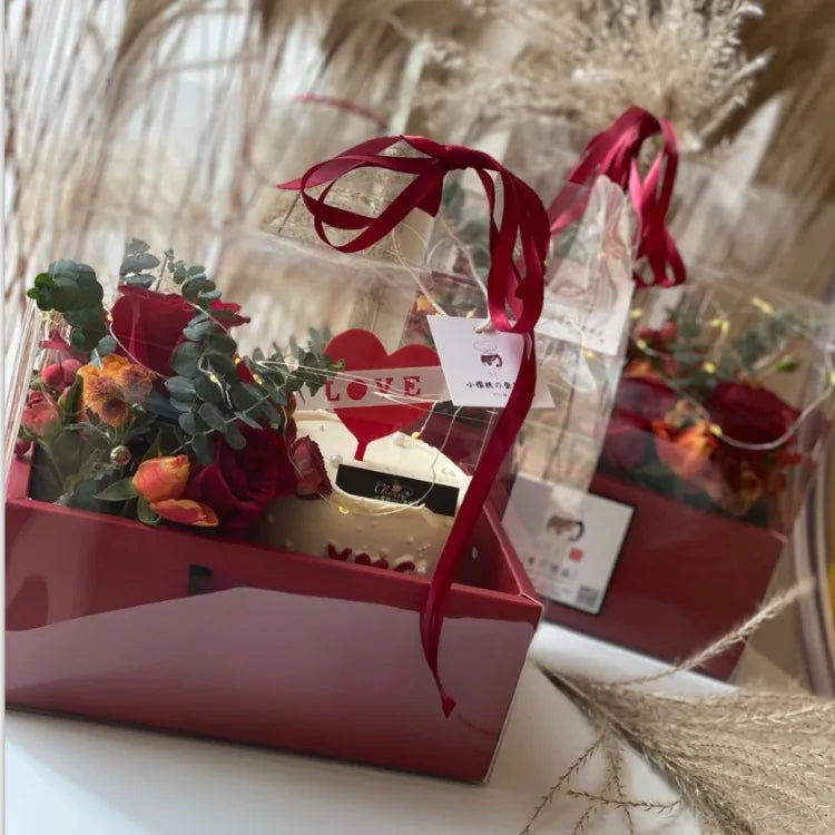 Valentine's Day Flower Cake Gift Box Pink PVC Transparent Hand-held Integrated Cake Box Baking Packaging Gift Fruit Flower Boxes