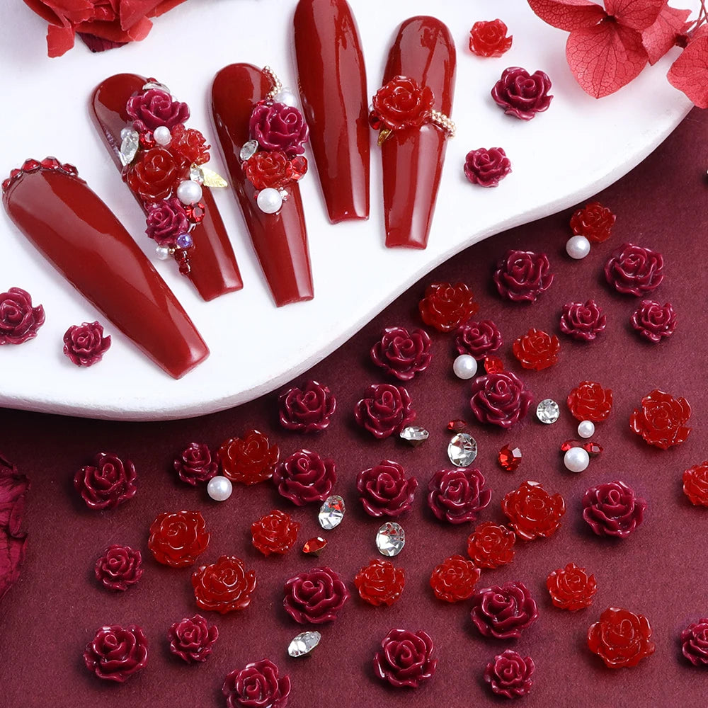 Red Camellia Flower Resin Filling Accessories Shiny Diamond With Pearl Beads Metal Leaf Valentine's Day Gifts DIY Jewelry Making